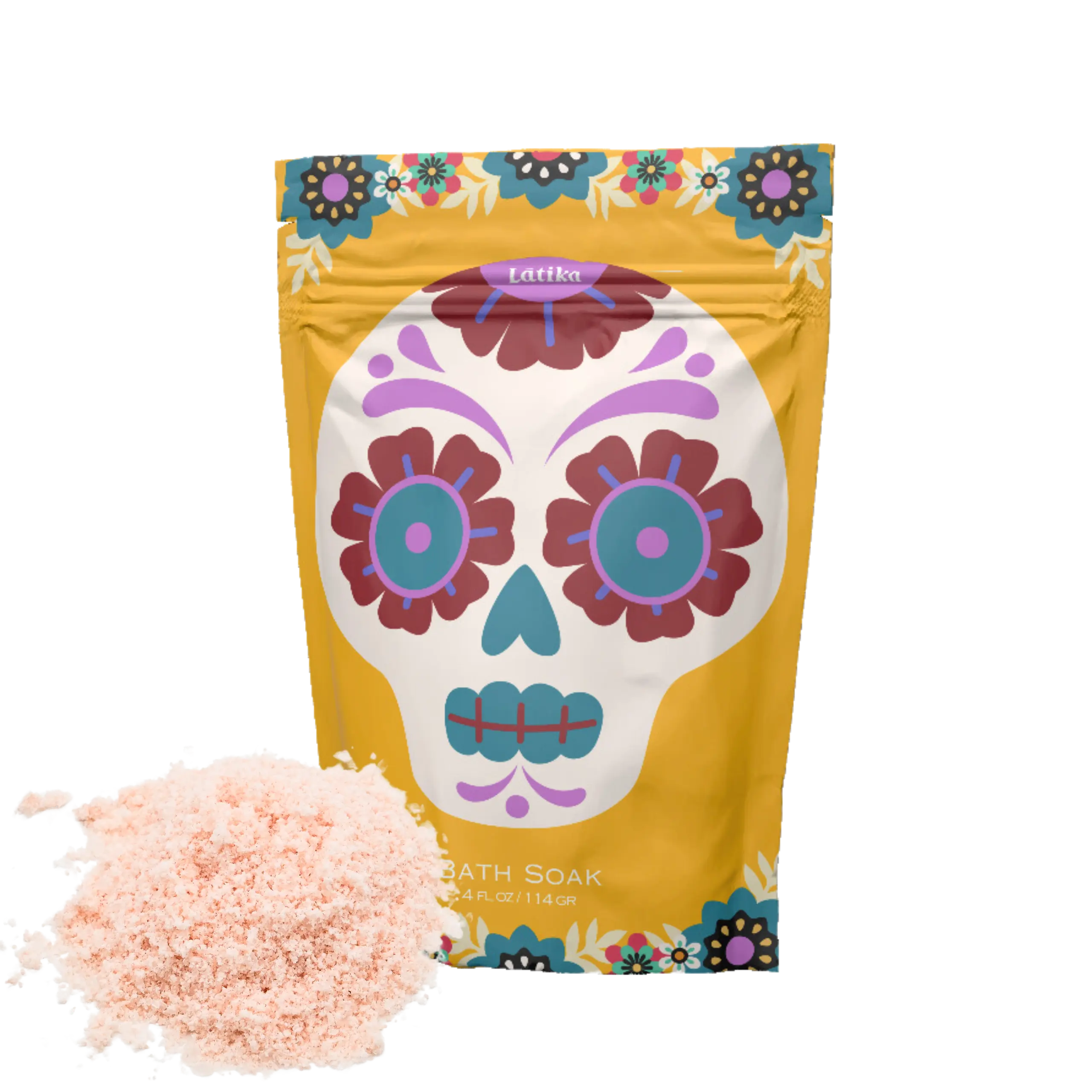Colorful packaging of bath soak with a sugar skull design on a white background